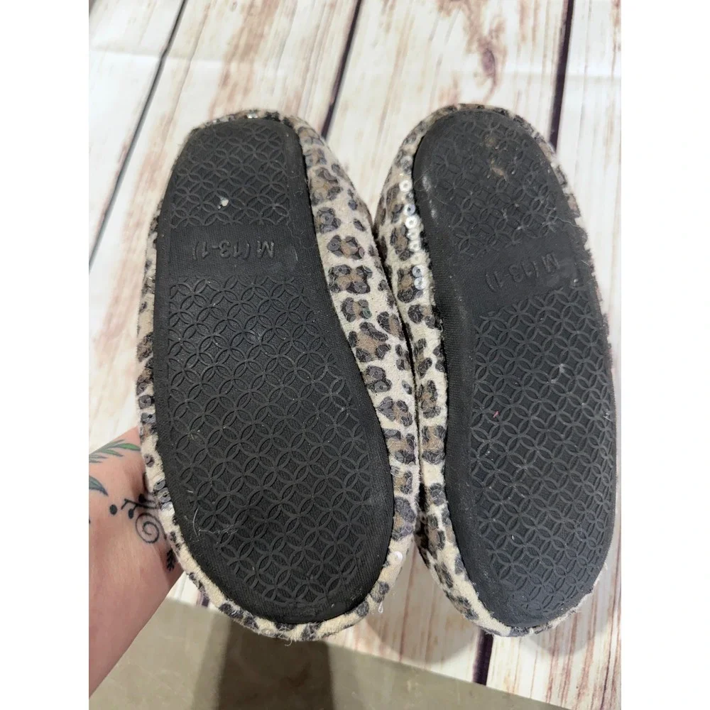 Girls Leopard Print Sequin‎ Moccasin Slippers Faux Fur Lined Brown Tan Size 13/1